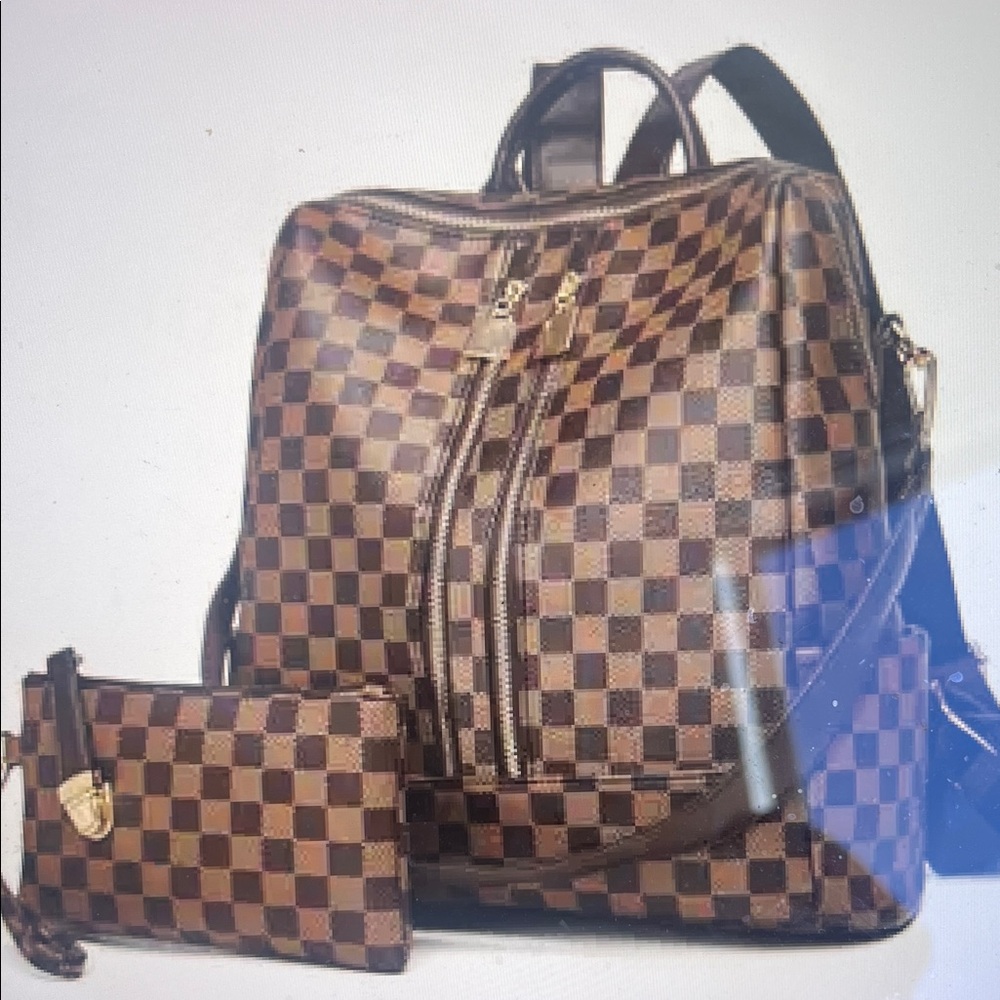 Checkered Brown Backpack and Wallet Set